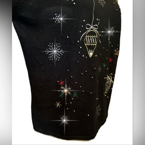 Ugly Christmas Sweater Black Ornaments Rhinestones Embroidery Womens Sz XL - Picture 5 of 11
